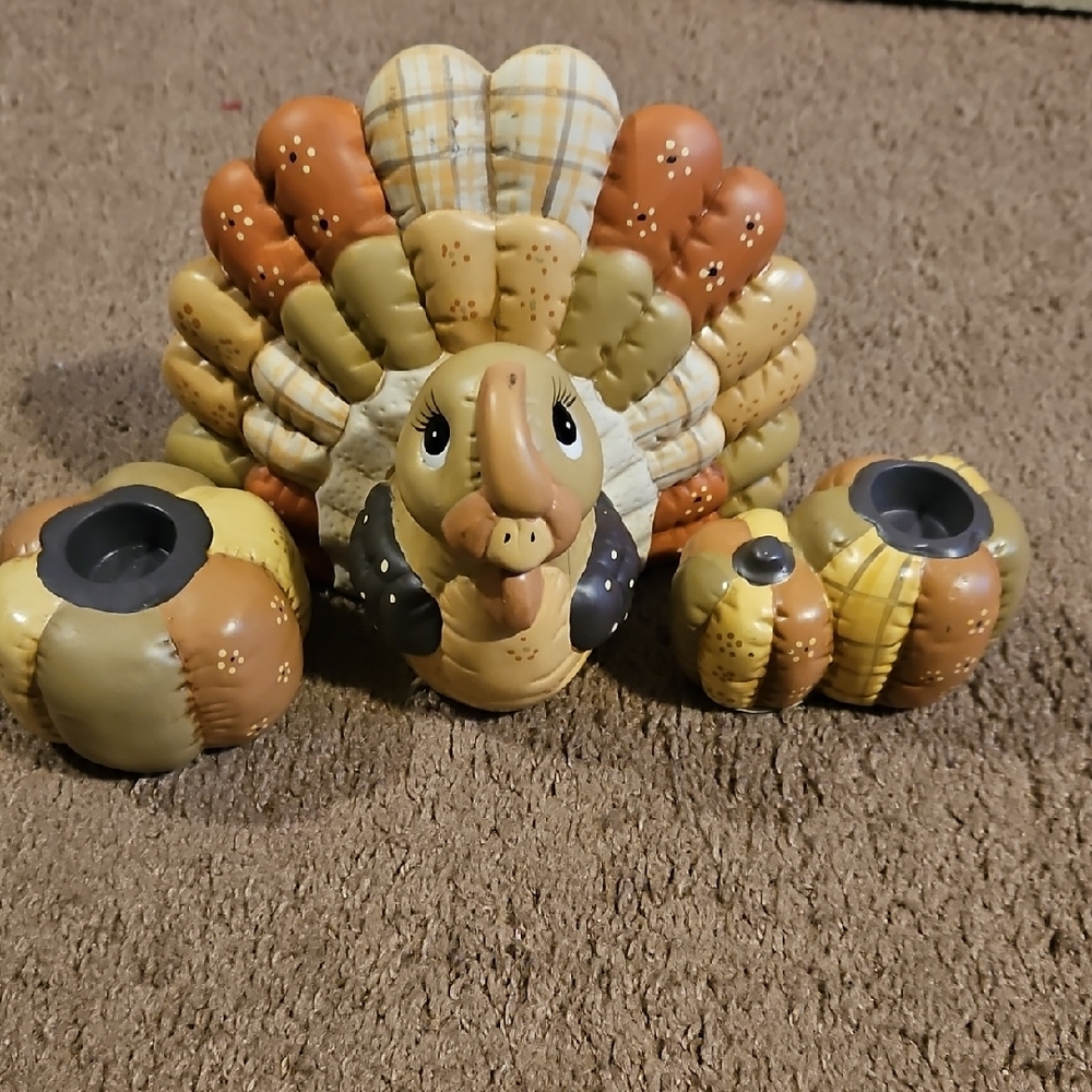 Vintage Decorative Turkey and Pumpkin Candle Holder Set